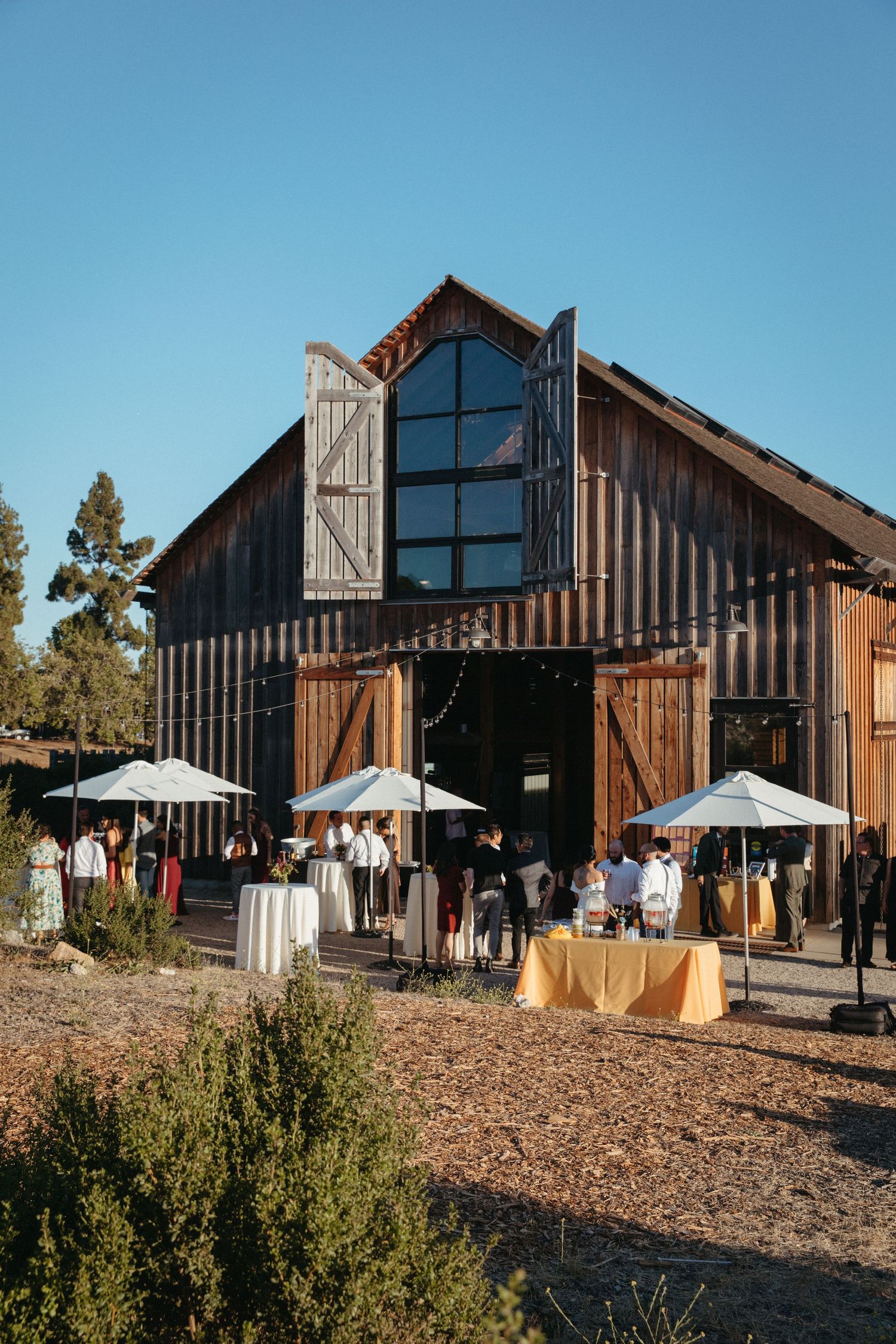 Rustic barn wedding venue with wooden architecture and white umbrellas set up for an outdoor reception.