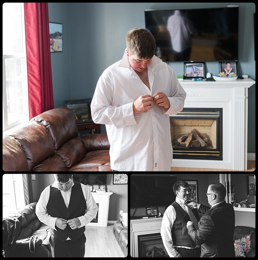 Three photos showing wedding preparation moments in black and white.