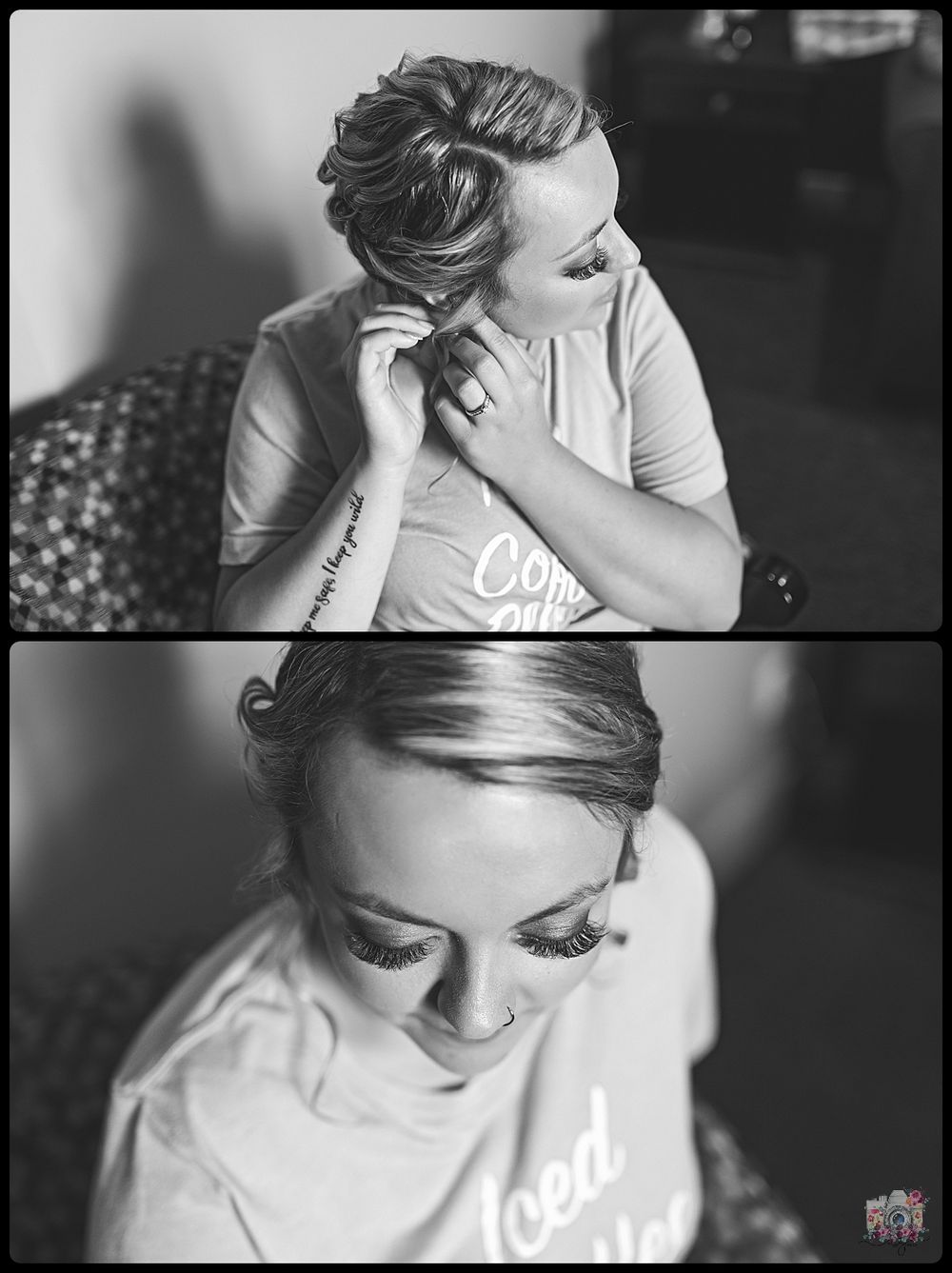 Black and white portraits showing wedding day preparation moments.