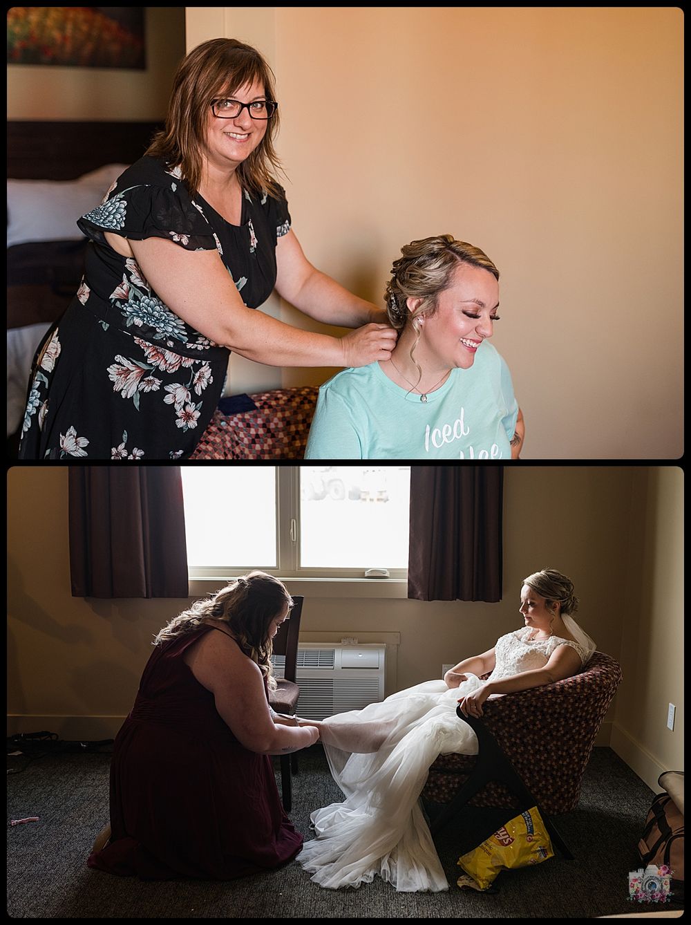 Wedding preparation scenes showing dress fitting and hair styling.
