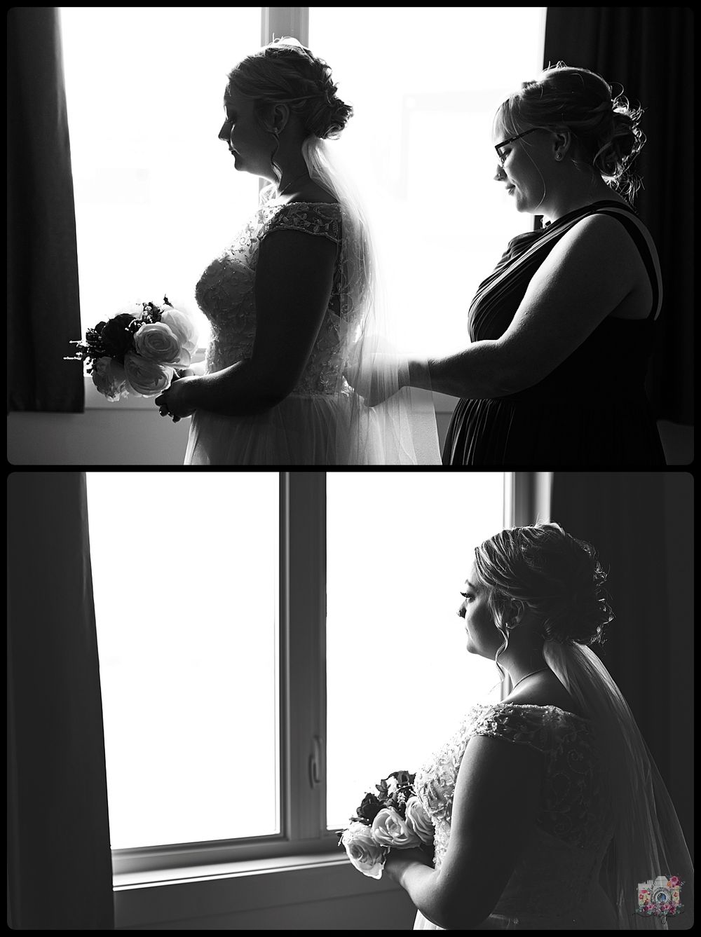 Silhouetted bridal preparation moments by window in black and white.