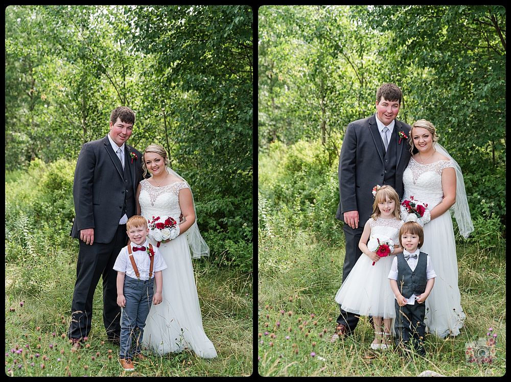 Two wedding photos side by side showing a couple with young children in formal attire.