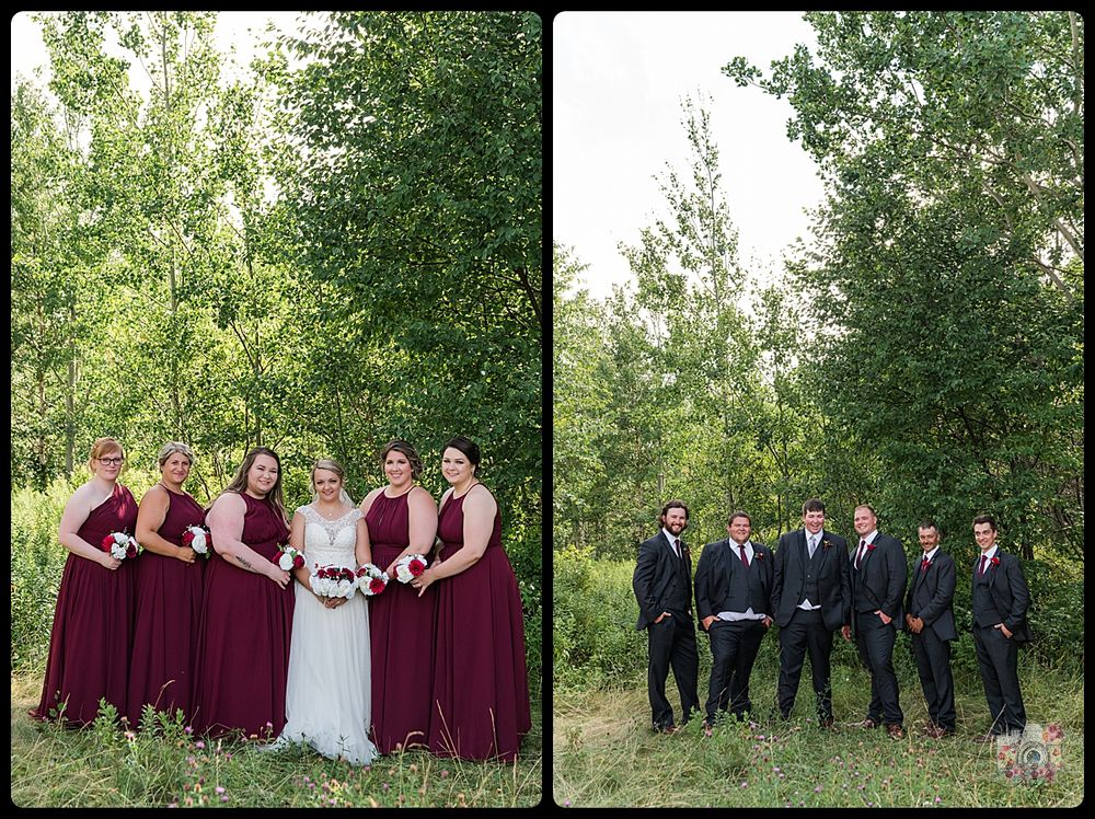 Split photo showing bridesmaids in burgundy and groomsmen in black posing separately outdoors.