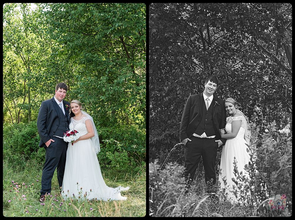 Side-by-side color and black-and-white wedding portraits in a woodland setting.