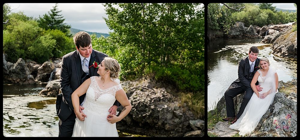 Wedding couple poses on rocky outcrop by water, shown in split image composition.