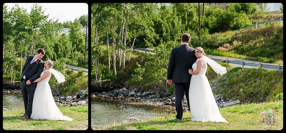 Wedding couple portraits in a scenic garden setting with water features and natural landscapes.