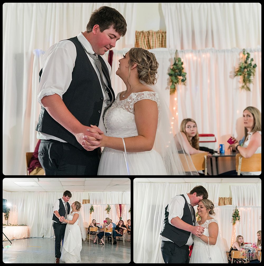 Sweet reception moments captured of couple dancing and embracing at their wedding celebration.