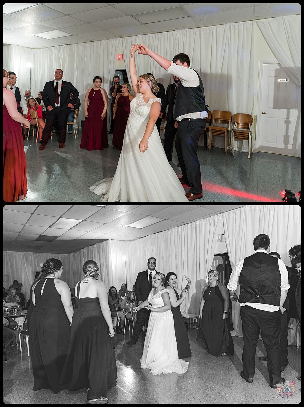 Wedding reception dance floor scene with bride in white gown and guests in formal attire.