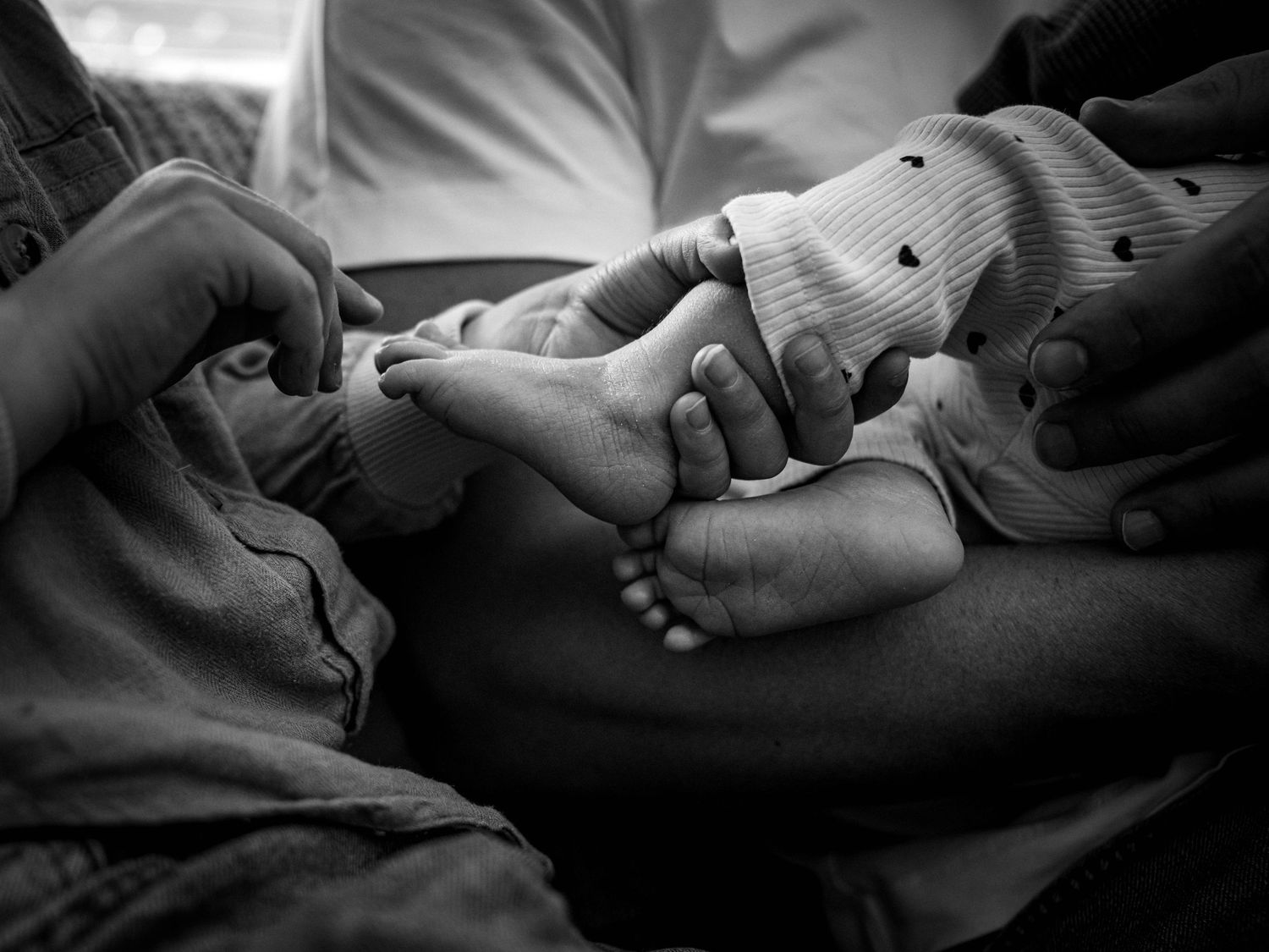 Black and white photo of an adult cradling a newborn baby's tiny feet and hands in their palms.