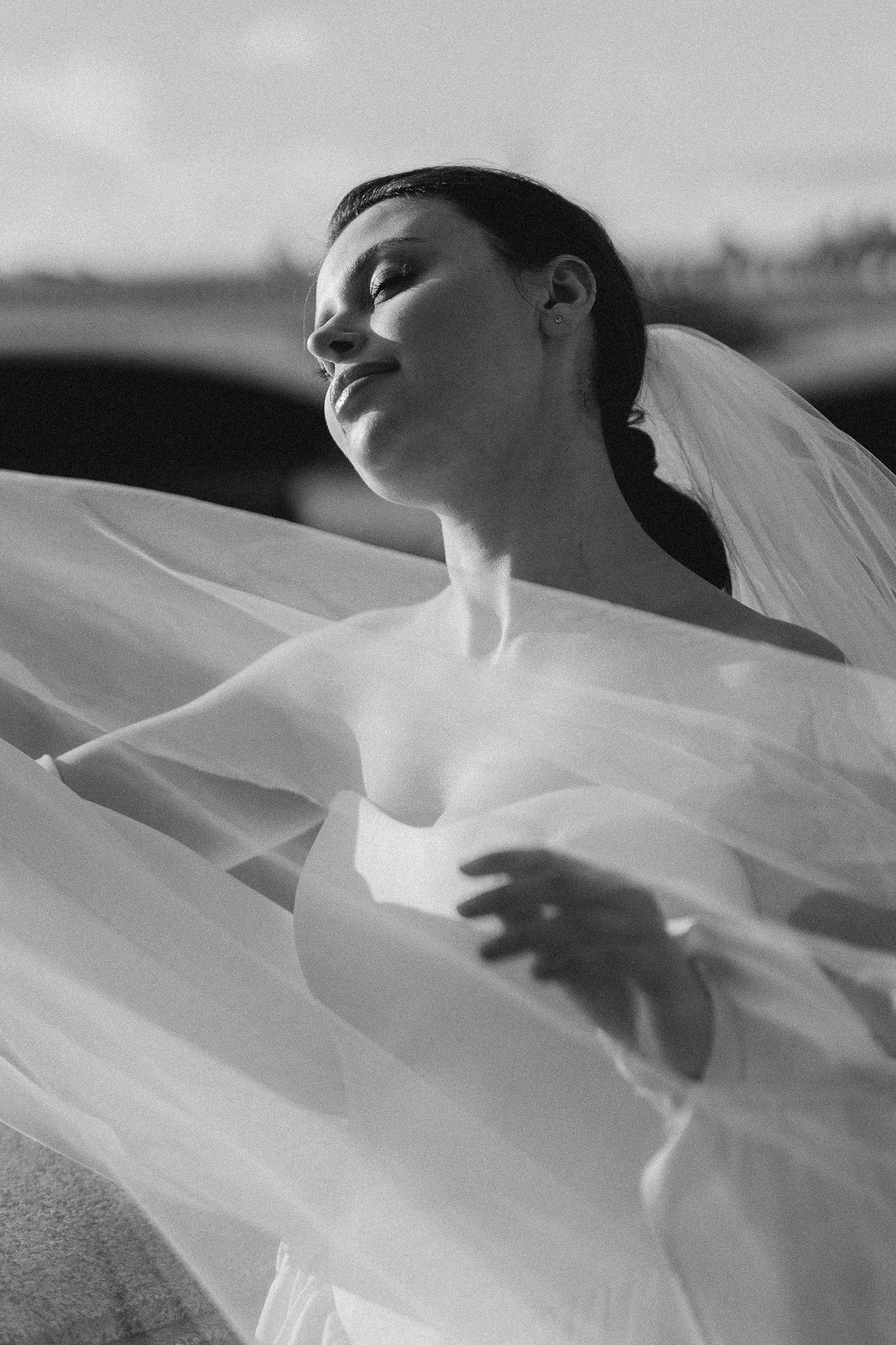 Bride and her editorial style veil for her London wedding