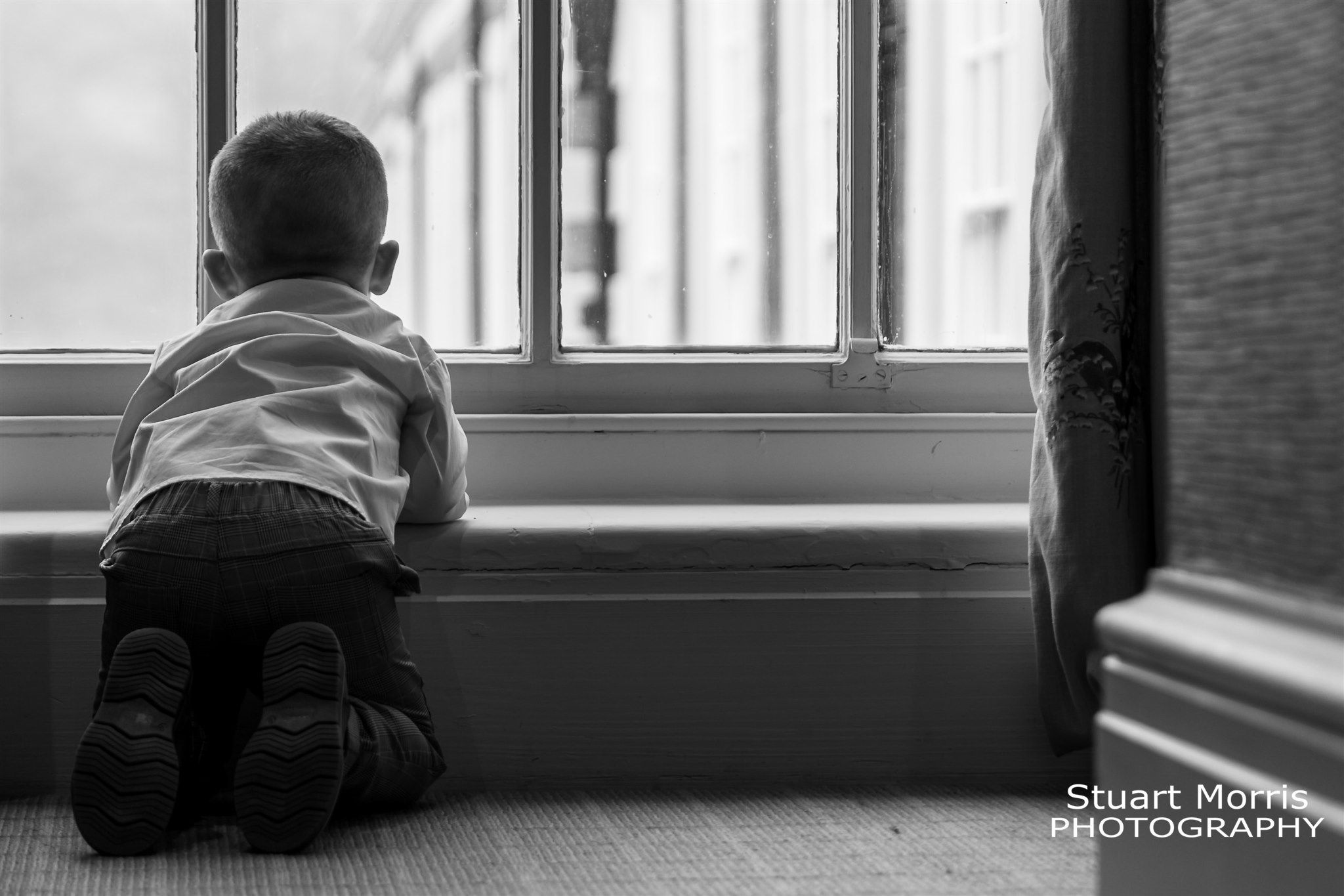 Young boy kneels on the floor looking out of a large window at Knowsley hall Liverpool.