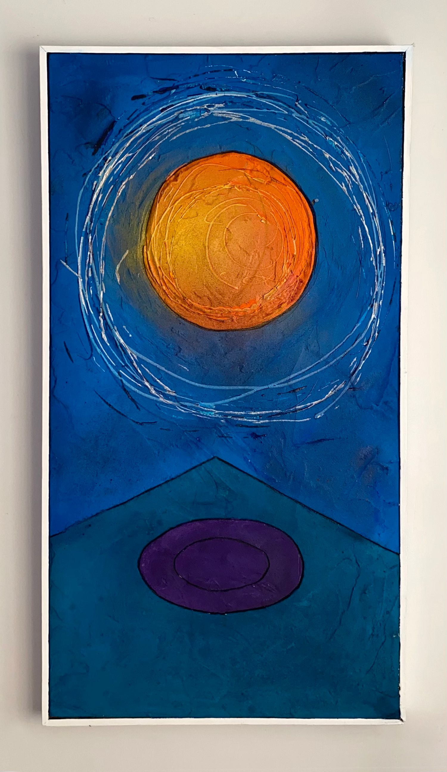 'Plato' mixed media painting on canvas. Bright bold painting of a mountain and sun on a blue background.