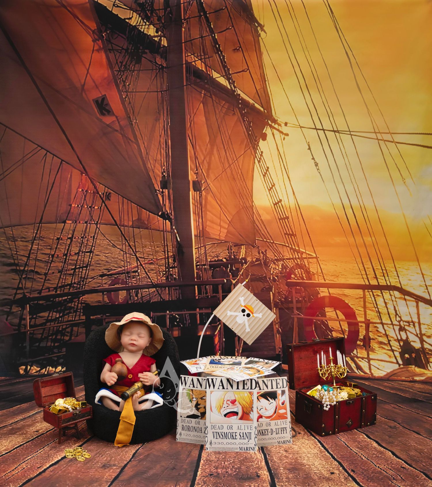 Nautical themed photo setup with sailing ship backdrop and treasure chest props.