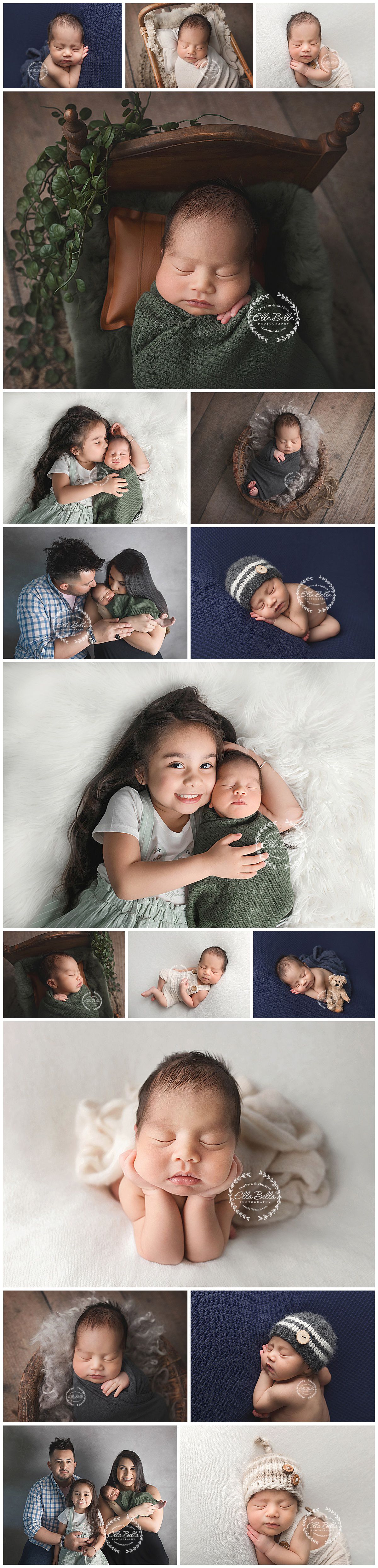 Professional newborn photo collage featuring family portraits and artistic baby poses with props.