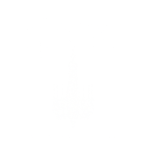 White gothic text logo with chandelier silhouette on black background.