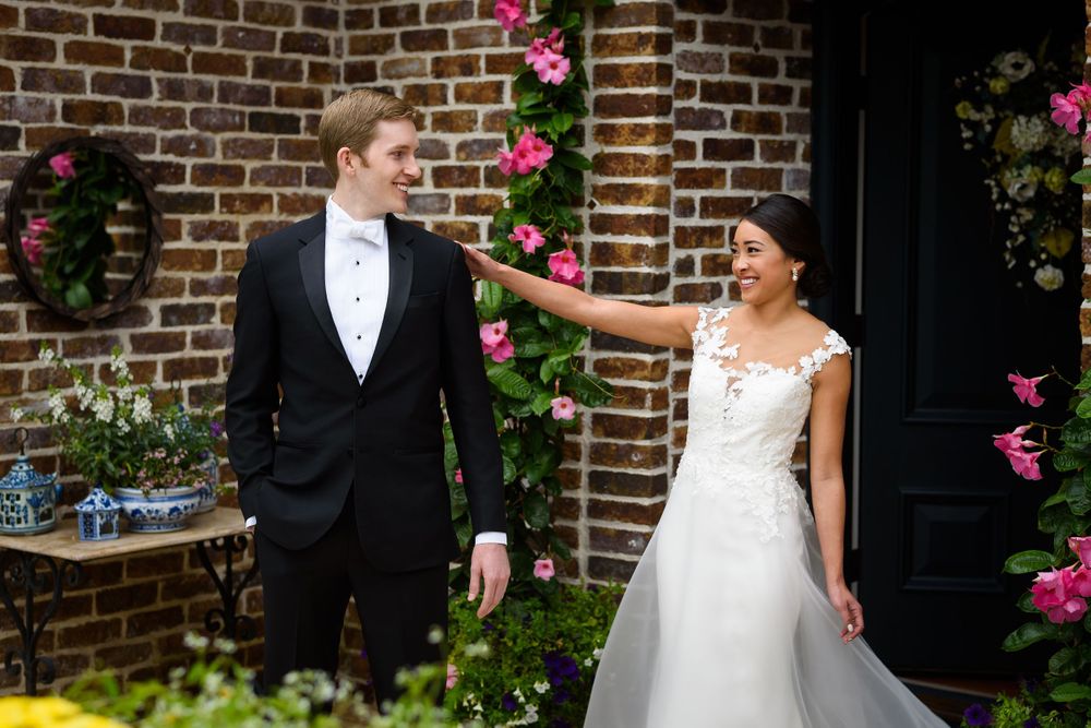 Bride and groom share first look before wedding ceremony in Akron, Ohio.