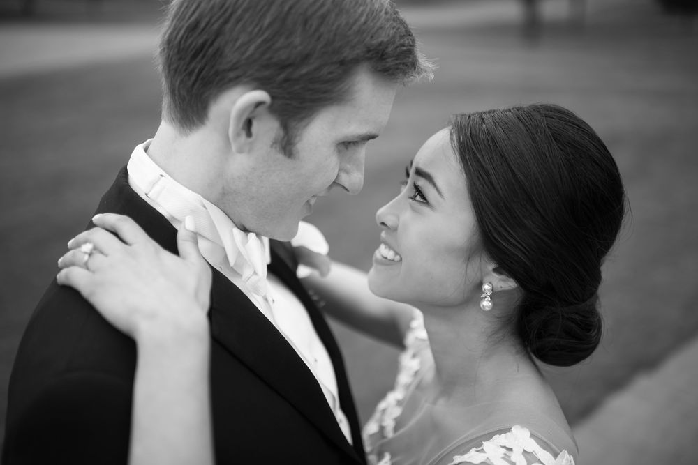Closeup of bride and groom on their wedding day at Fairlawn Country Club in Akron, Ohio.