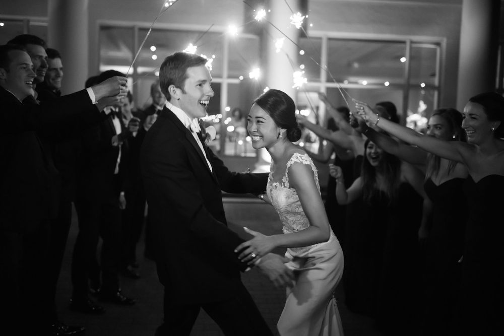Bride and groom's sparkler exit during wedding reception at Fairlawn Country Club in Akron, Ohio.