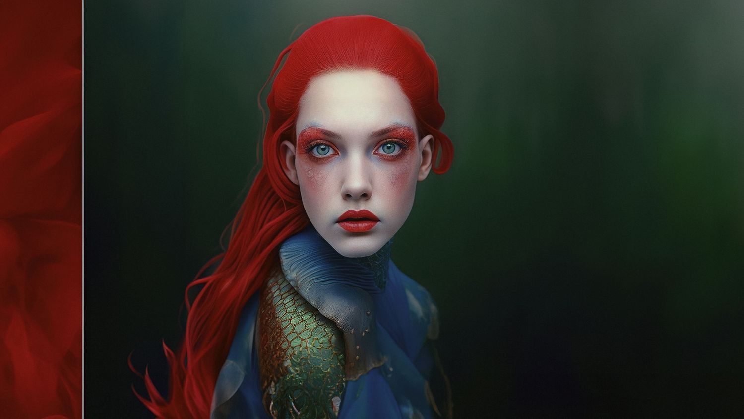 Fantasy portrait with red hair and iridescent scales against dark background.