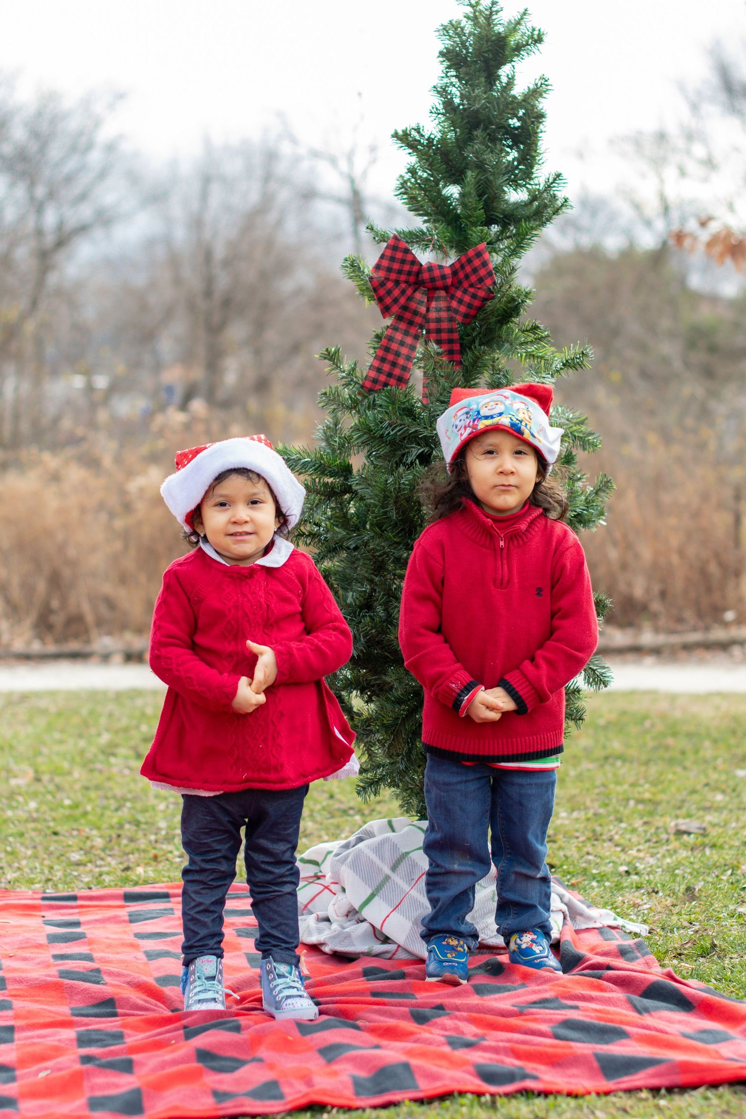 Small children in red sweaters and winter hats stand near a Christmas tree on a plaid blanket.