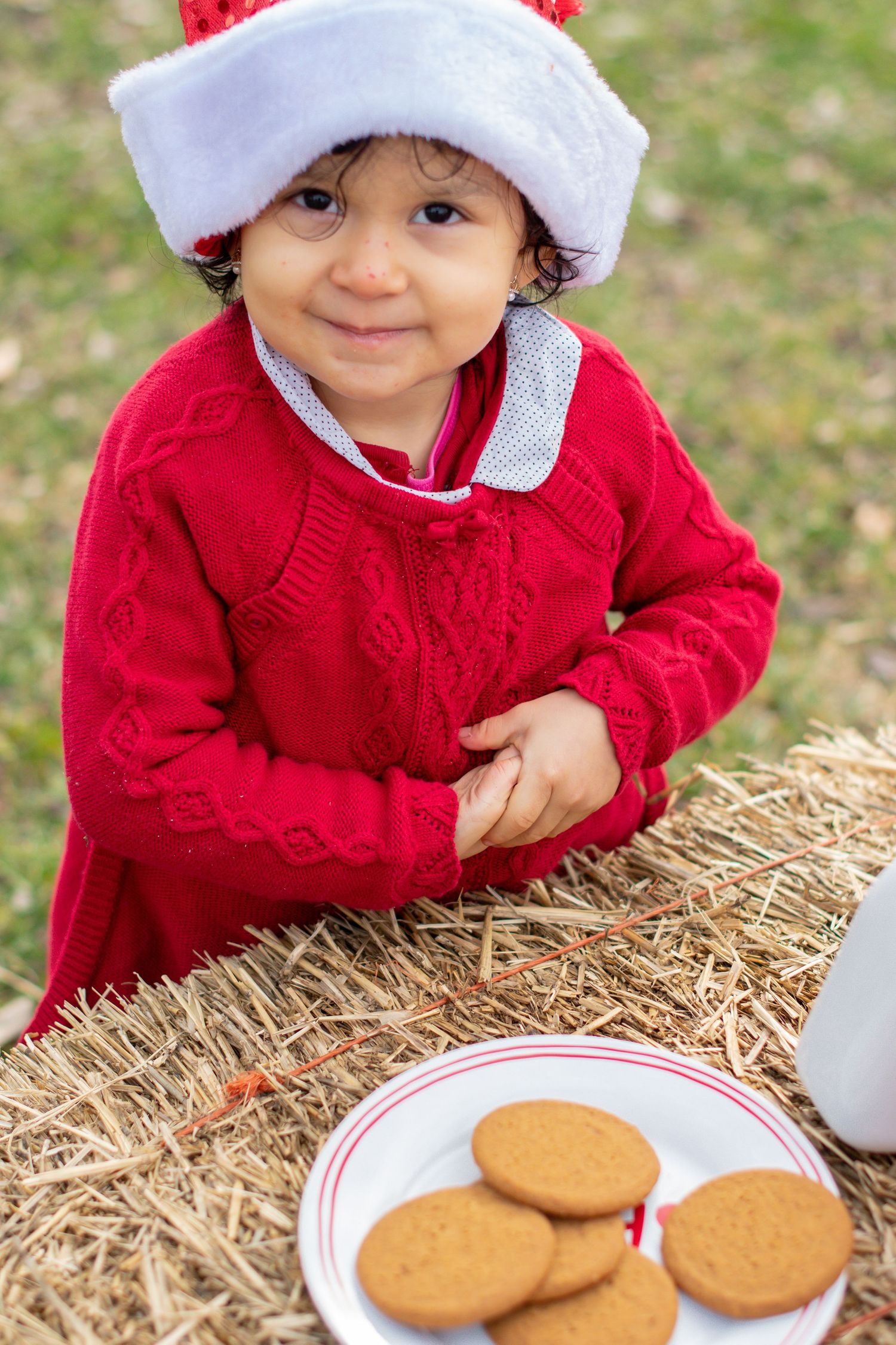 Small child in winter attire looks at cookies on a plate while sitting on hay bales outdoors.