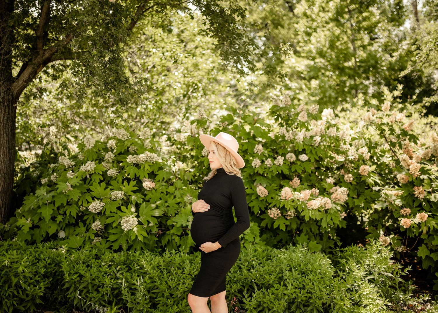 A series of outdoor photos showing people posing against a backdrop of blooming white flowers and greenery.