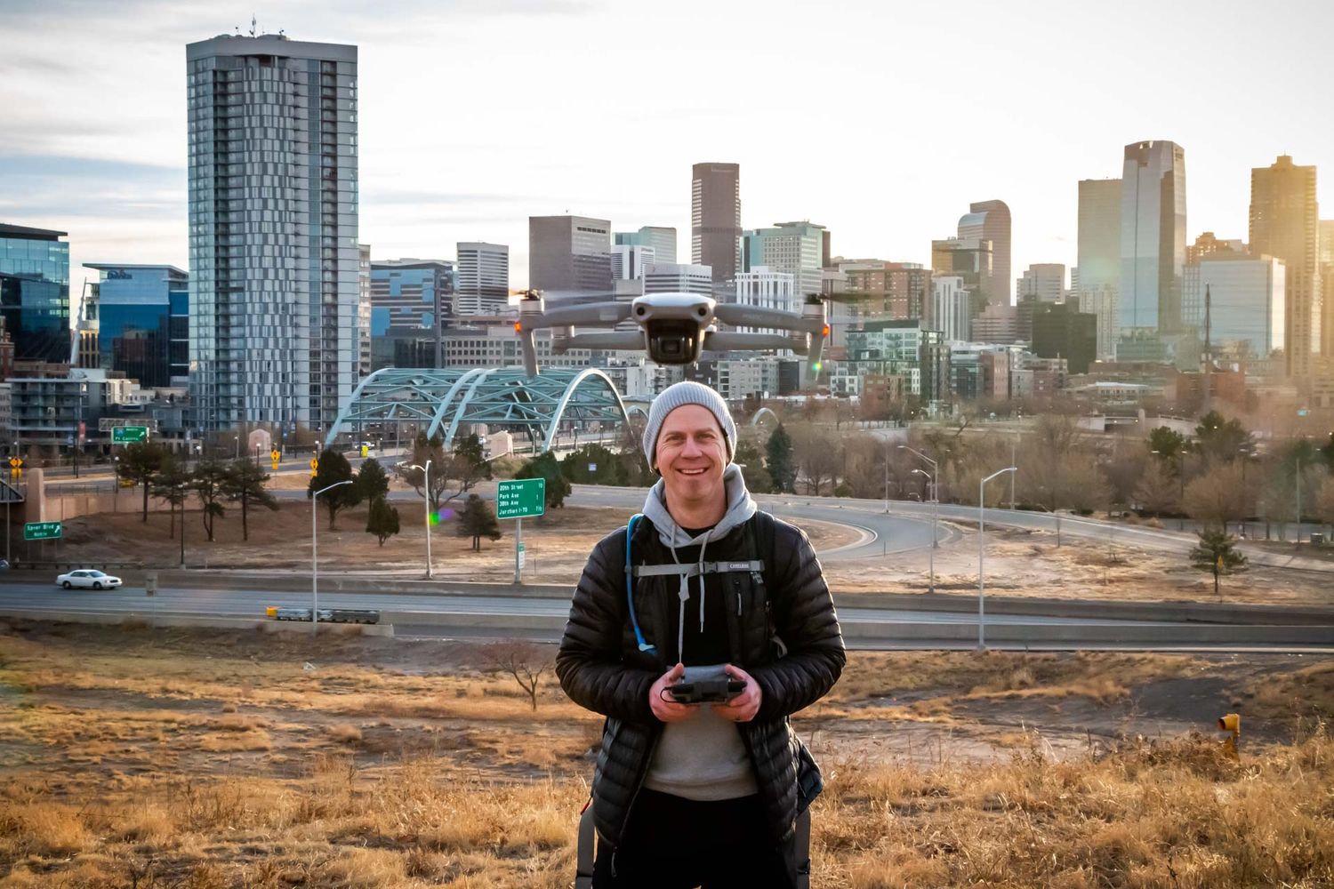 Shot of Denver Drone, Hospitality, Travel & Tourism photographer Captain Colorado Photography flying his drone in downtown Denver.