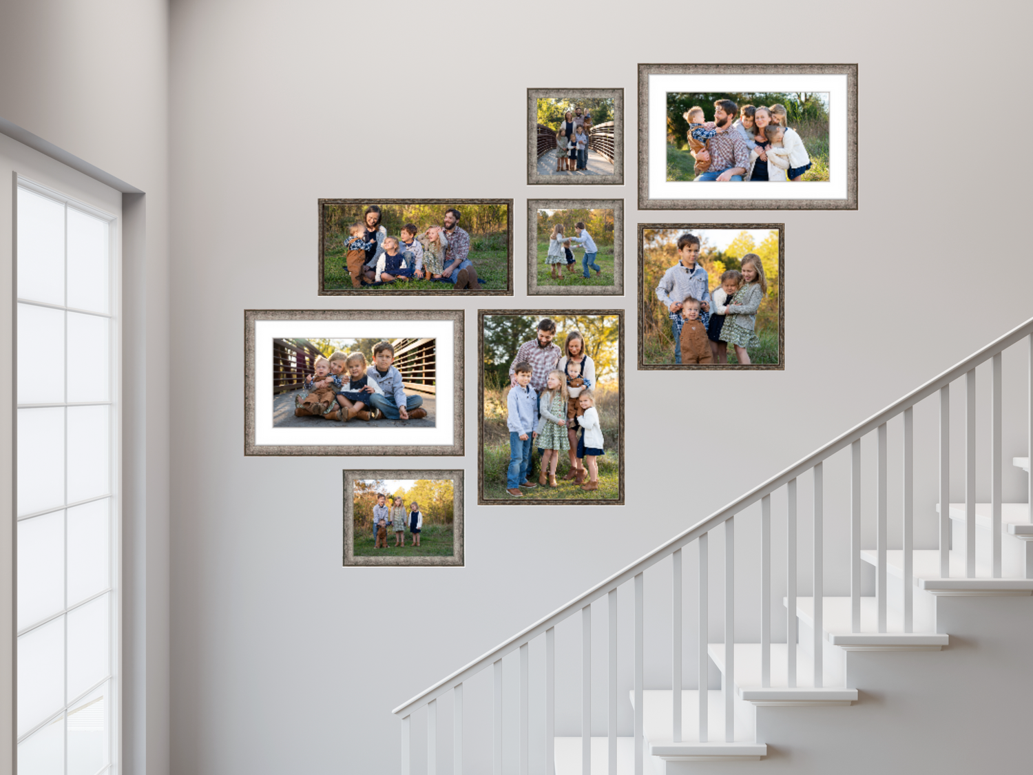 gallery wall of family portraits taken at shoal creek farm in montevallo. gallery wall going up stairs