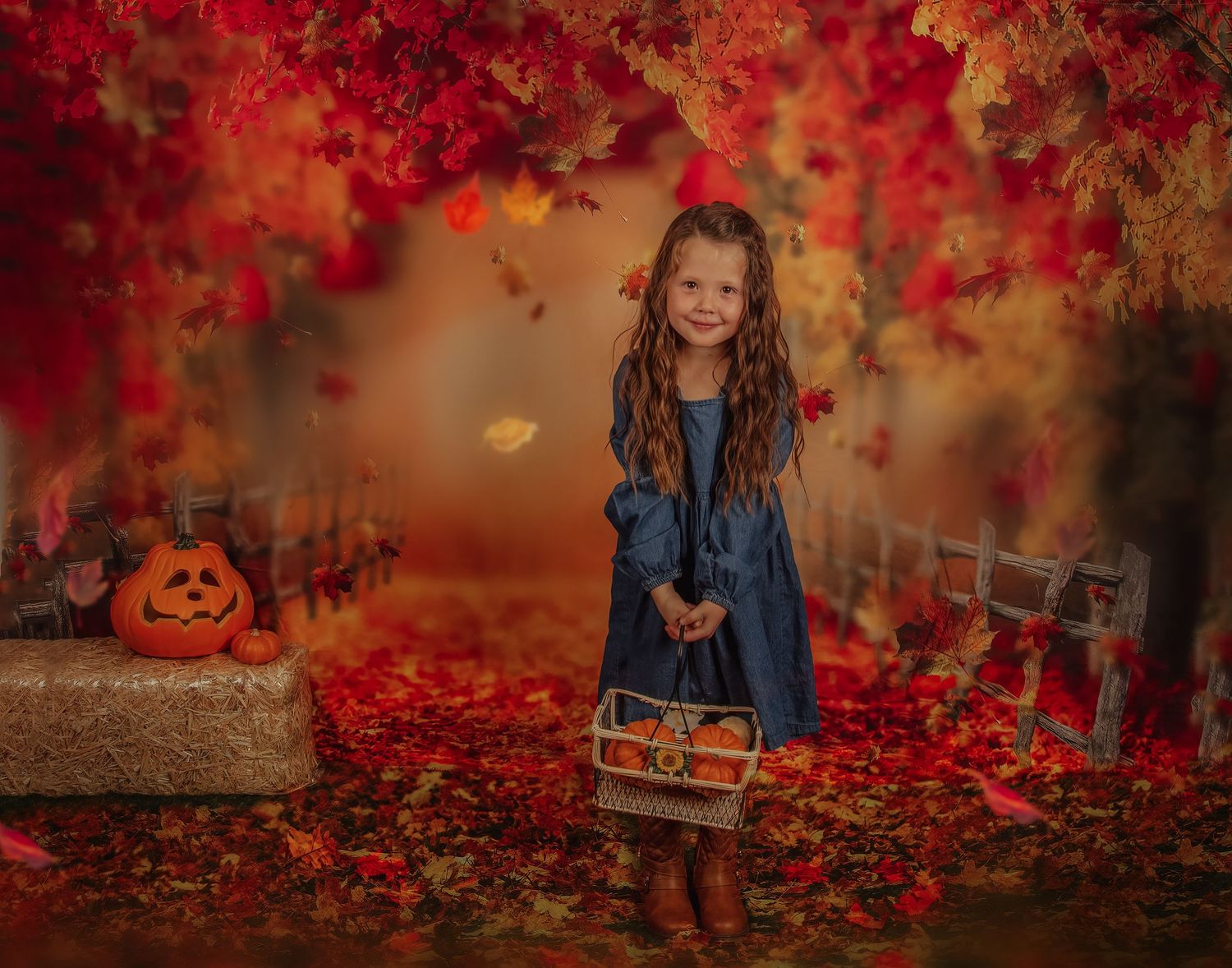 Whimsical autumn scene with red maple leaves, pumpkins and a blue dress against a warm orange backdrop.