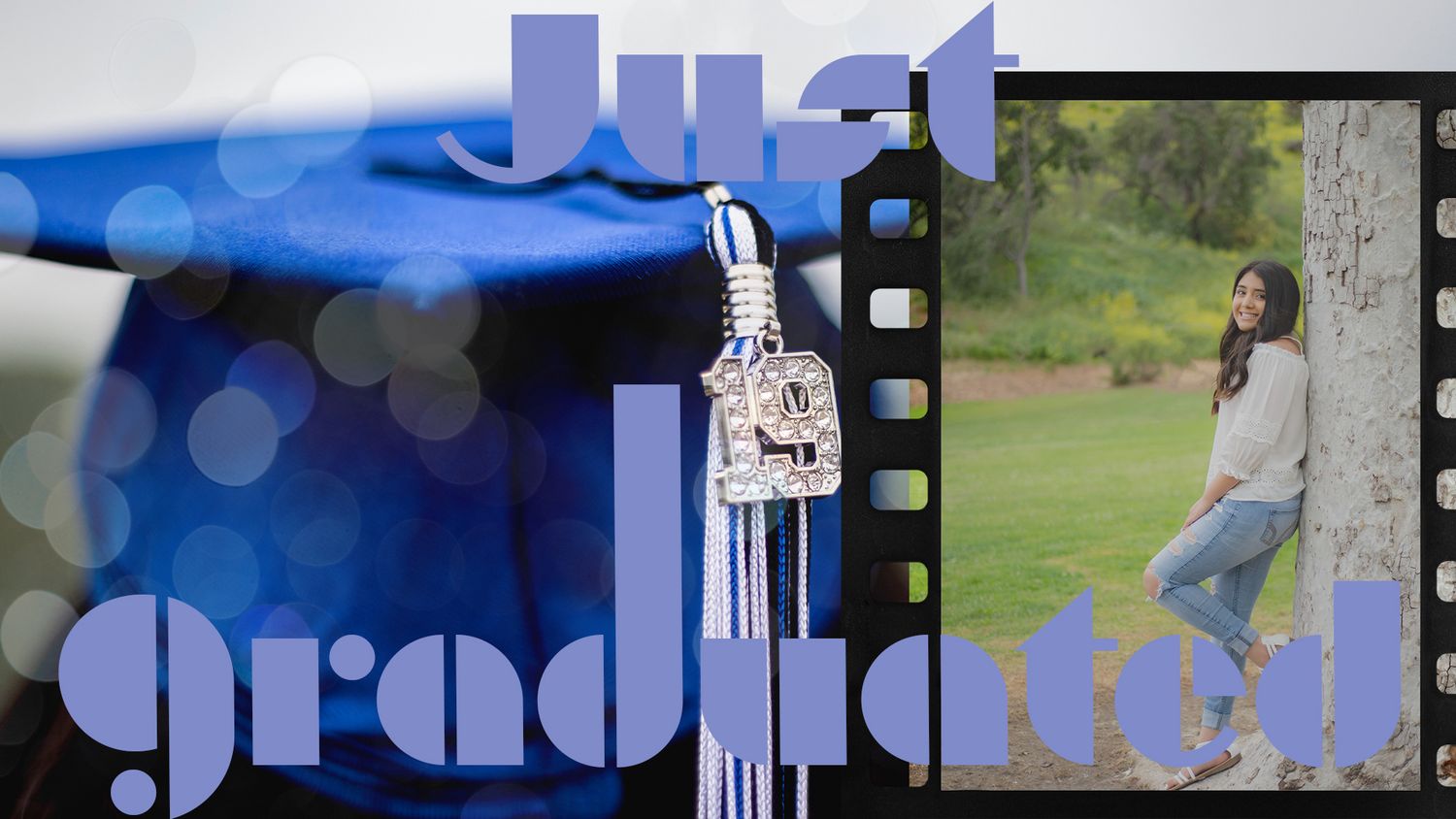 Graduation themed photo collage with blue bokeh effects and film strip design.