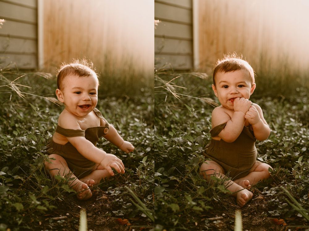 Split image of baby in garden showing different playful expressions.
