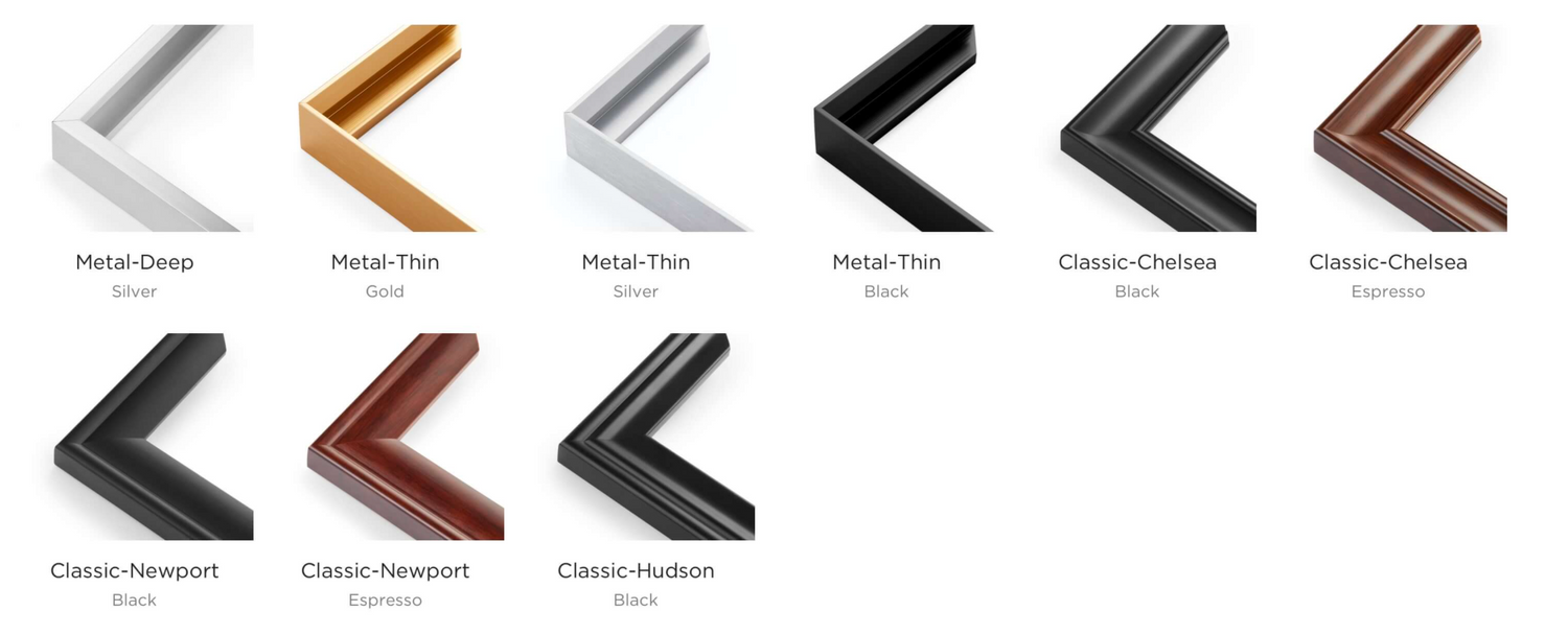 Collection of picture frame corners in various colors and finishes including metallic, wood, and black styles.