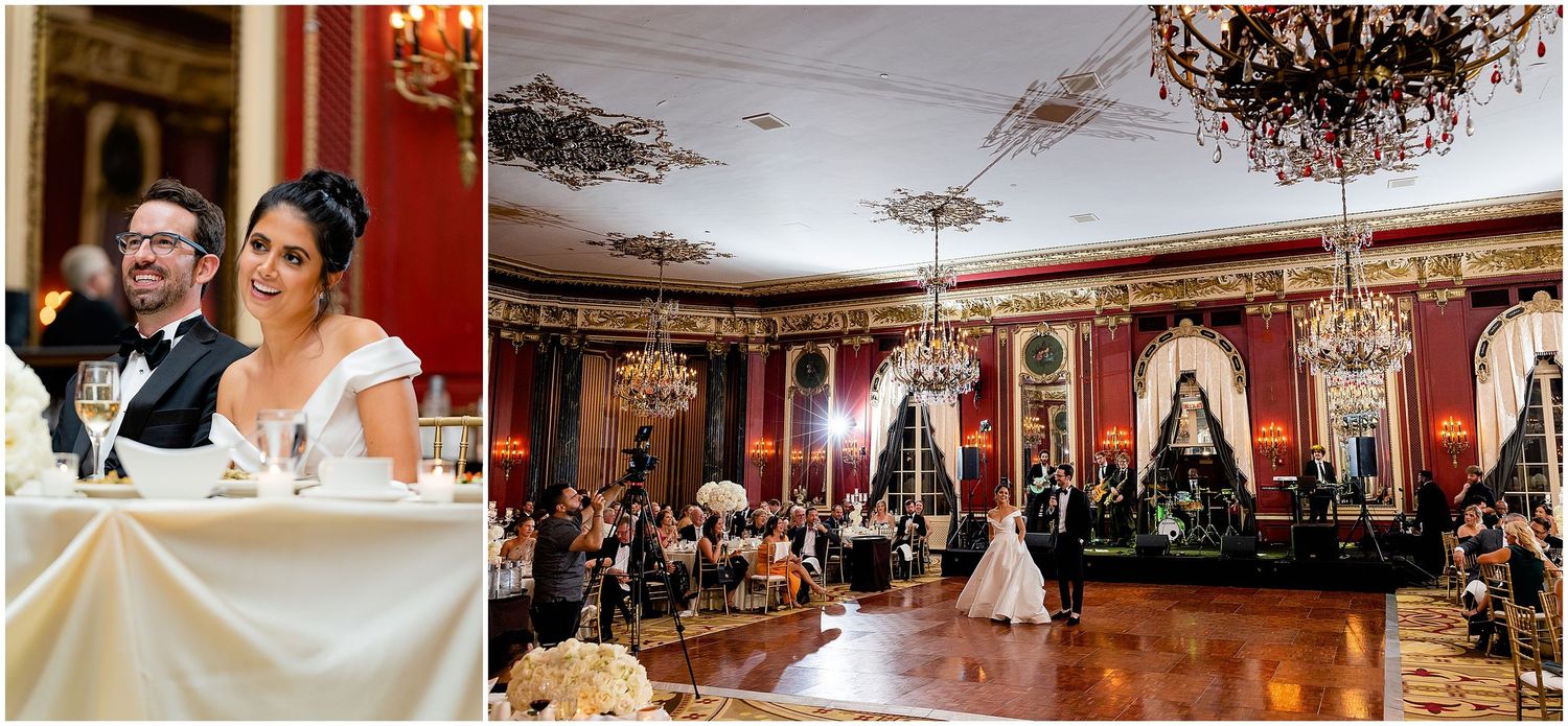Elegant wedding reception capturing both dining and dancing moments in a historic ballroom setting.