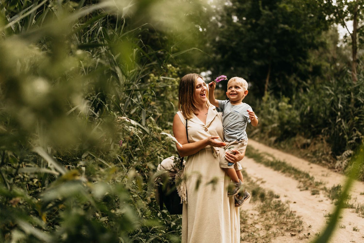 Natural outdoor scene among trees and greenery on a sunlit path.