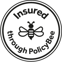A circular black and white badge showing a bee icon with text reading 'Insured through PolicyBee'.