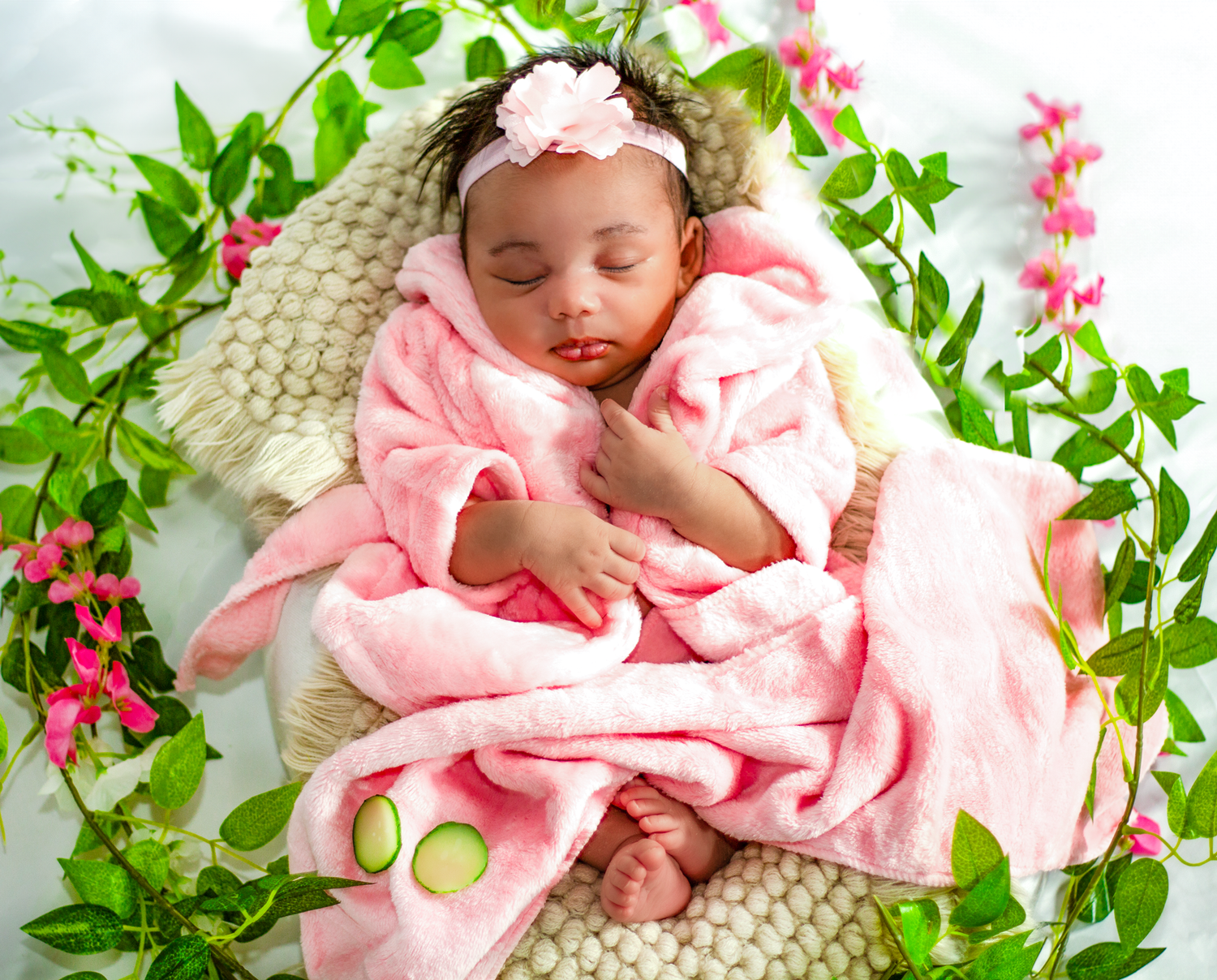 Newborn girl peacefully sleeping wrapped in a pink robe, theme is spa day, done in a photography studio