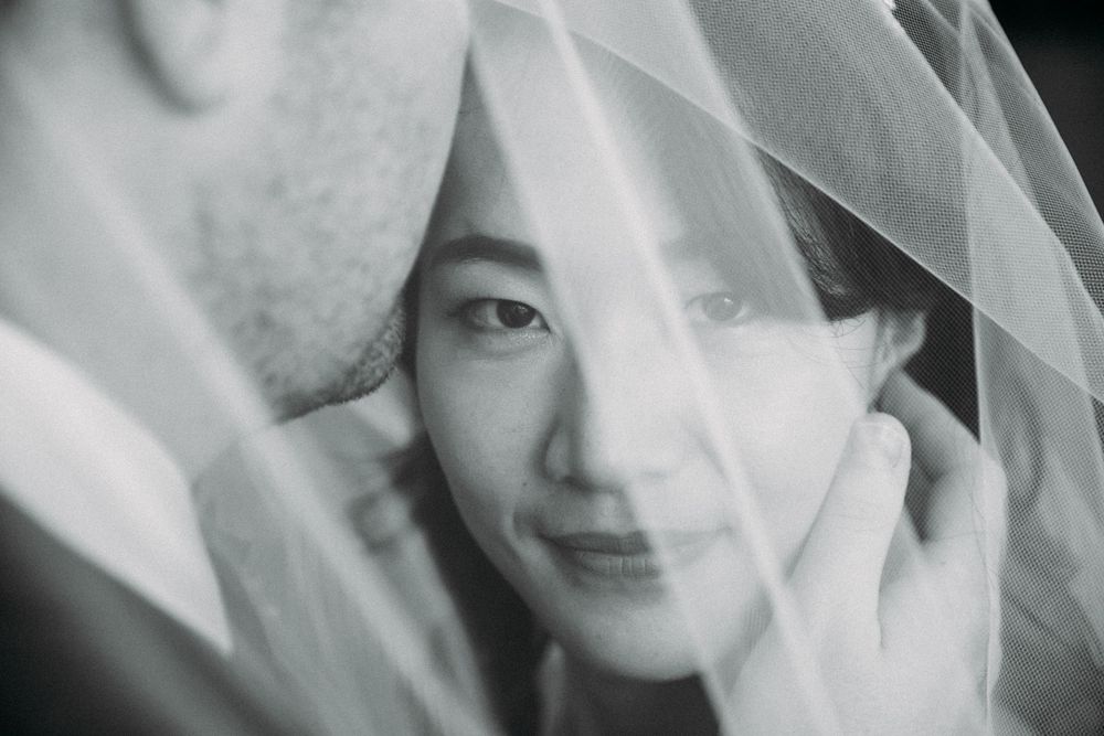 Artistic black and white close-up through sheer wedding veil.