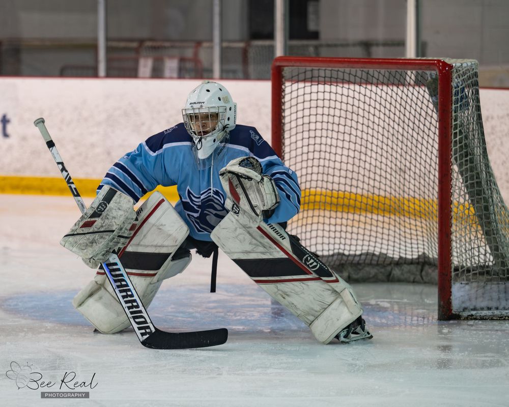 Hockey goalie in blue and white uniform crouches in ready position in front of goal net on ice rink.