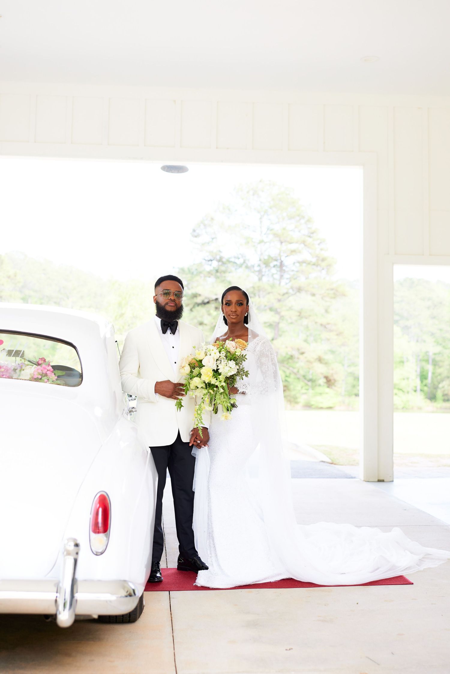 A series of minimalist wedding photos showing people in formal attire against a white backdrop with vintage cars.