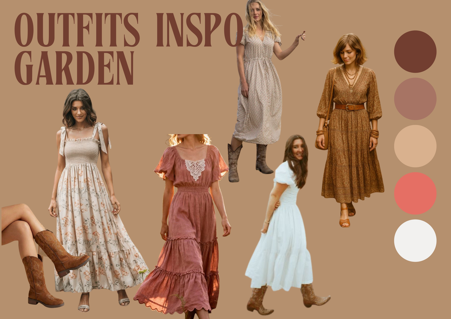 A modern color palette inspired by garden themes featuring rich terracotta red, brown, tan, yellow and cream shades.