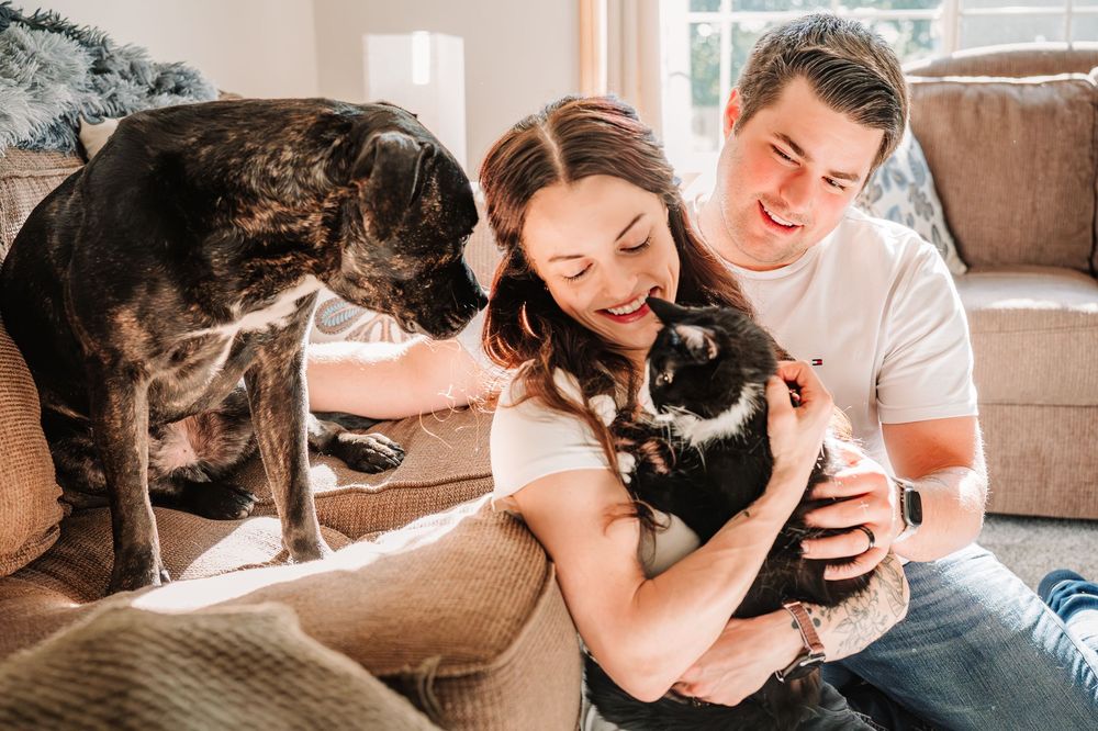 A couple sits on the floor petting and playing with their black dog in a cozy living room setting.
