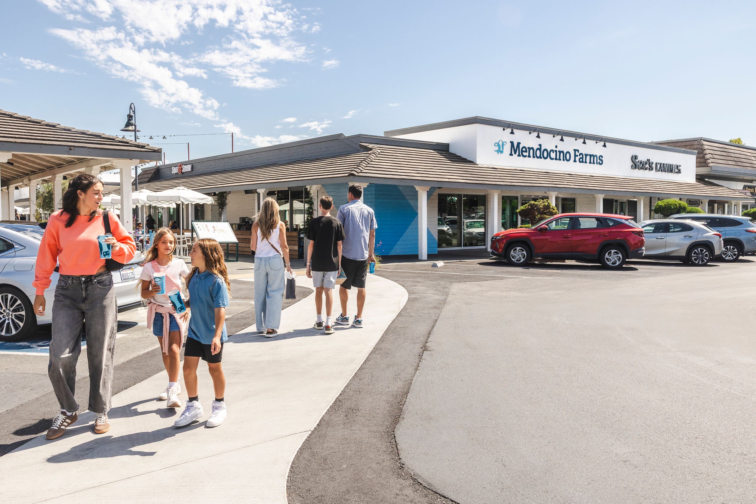 Customers wait in line outside a Mercedes-Benz dealership on a sunny day with parked cars visible in the background.