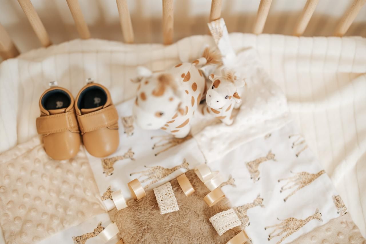 Baby accessories and blanket with giraffe motif arranged on white surface.