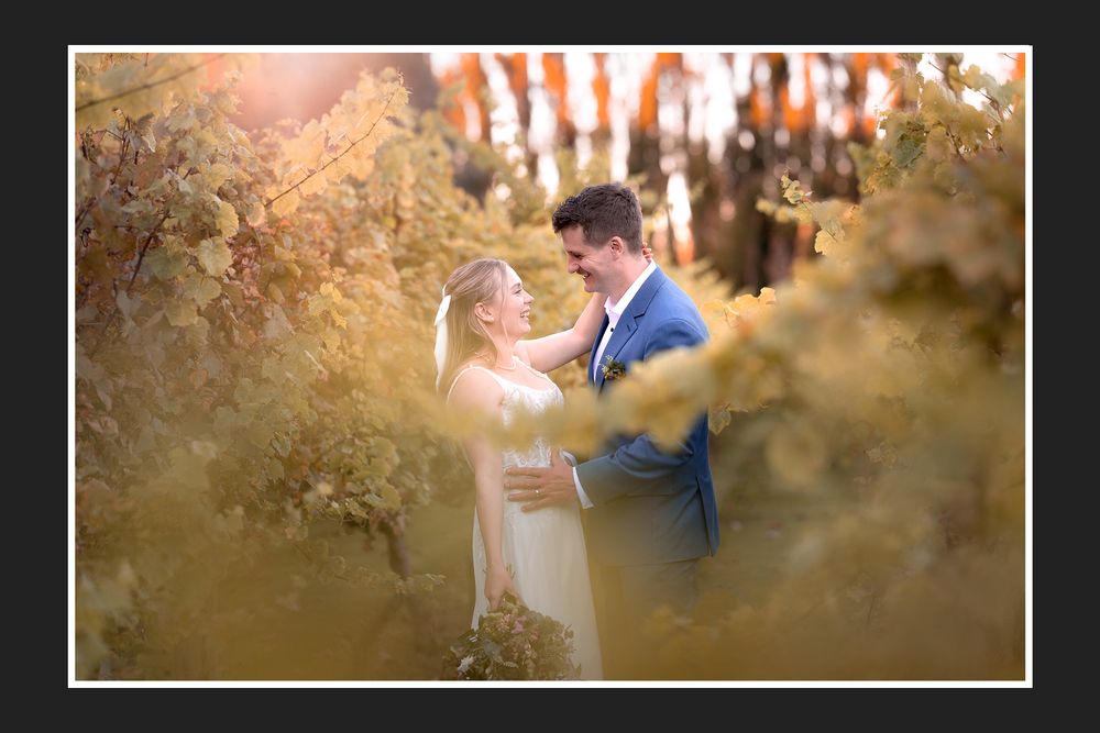 A bride and groom share a romantic moment surrounded by golden vineyard foliage during an autumn wedding photoshoot.