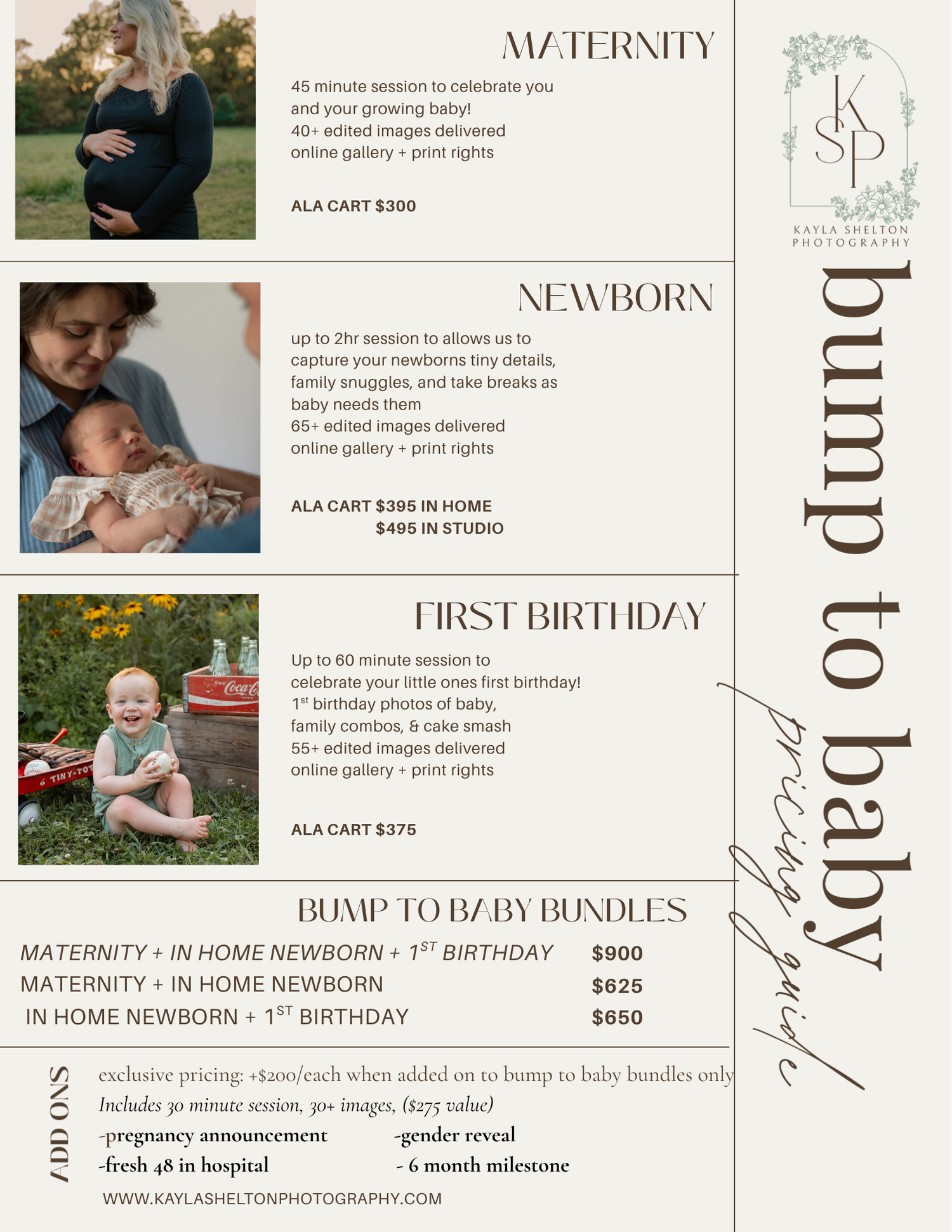Kayla Shelton Photography bump to baby pricing guide featuring maternity, newborn, and first birthday photography packages in Cincinnati, Oh