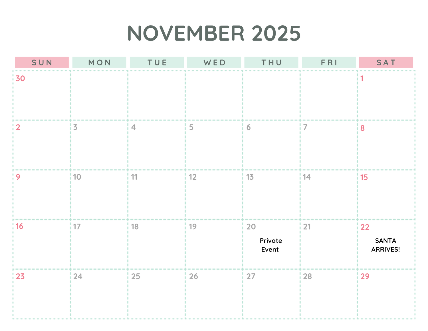 November 2025 calendar template with pastel colored headers.