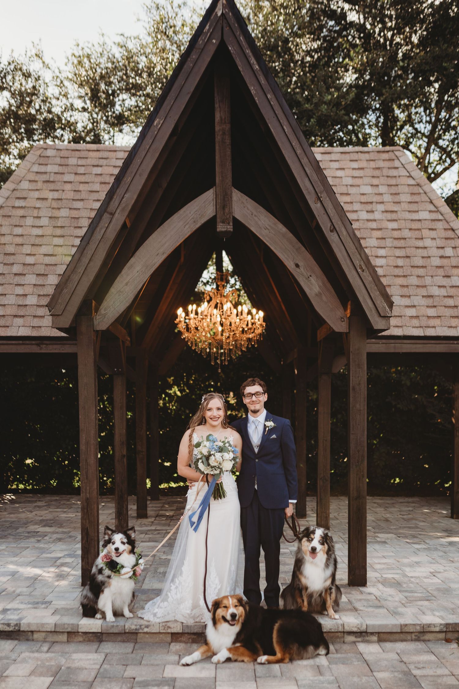 Wedding couple poses with three dogs under chapel archway with crystal chandelier.