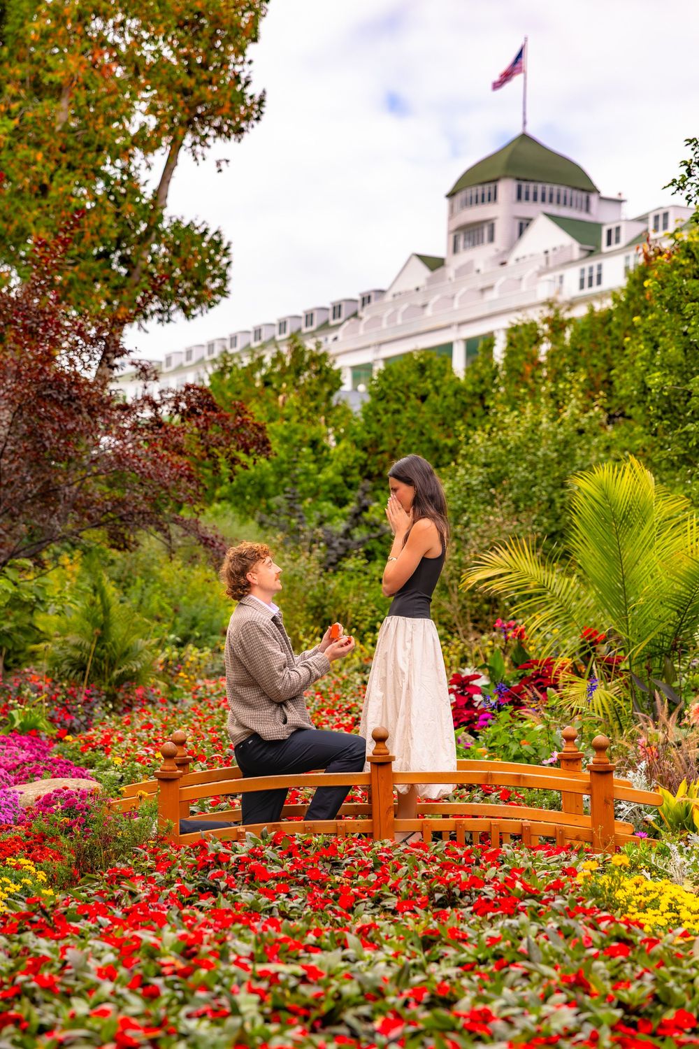 A romantic proposal scene unfolds on a wooden bridge surrounded by vibrant red flowers and lush garden landscaping.