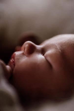 Close-up macro photo of a sleeping baby's nose and profile against a soft blurred background.