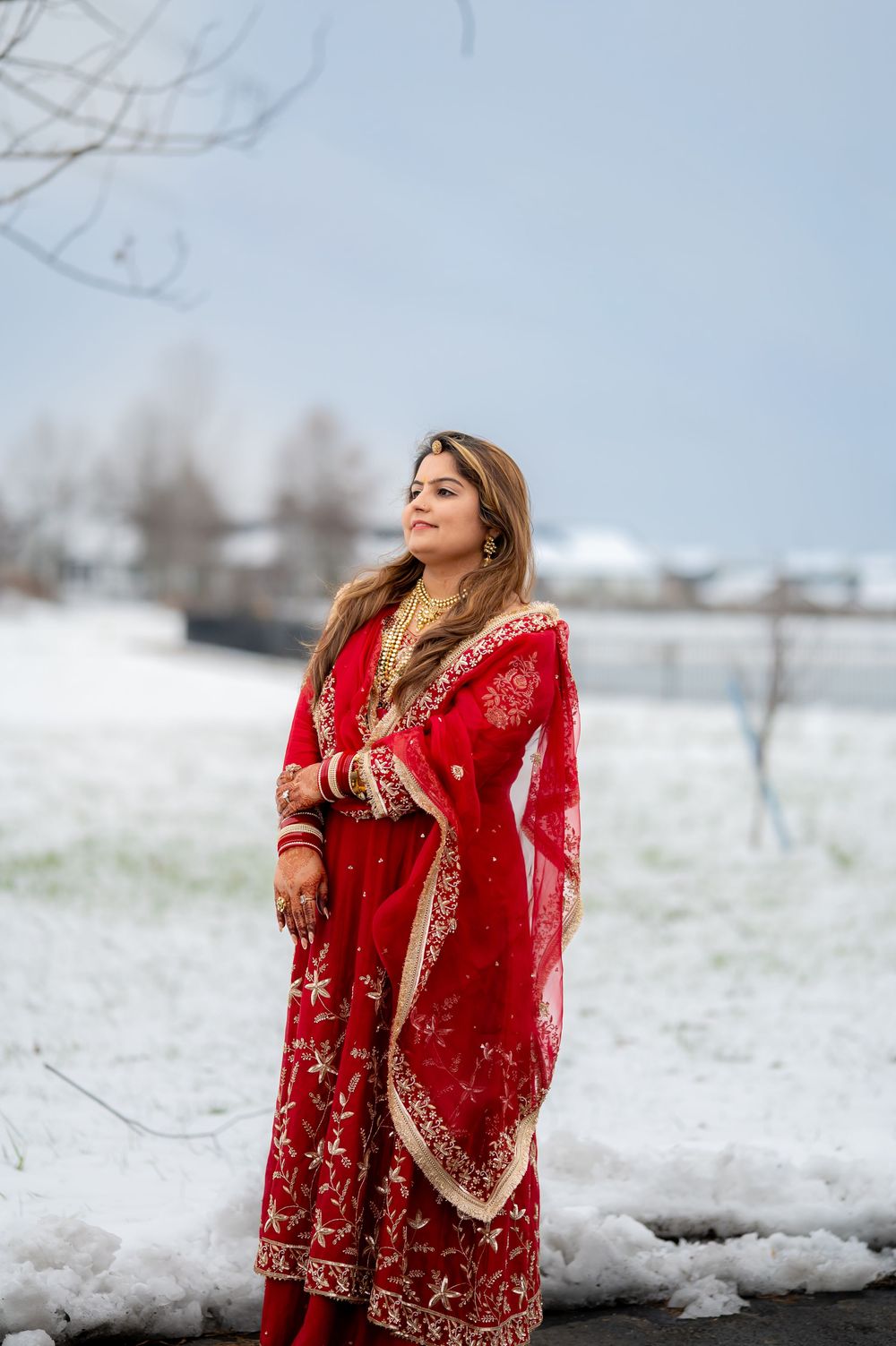A person in a vibrant red embroidered dress poses against a snowy winter landscape.